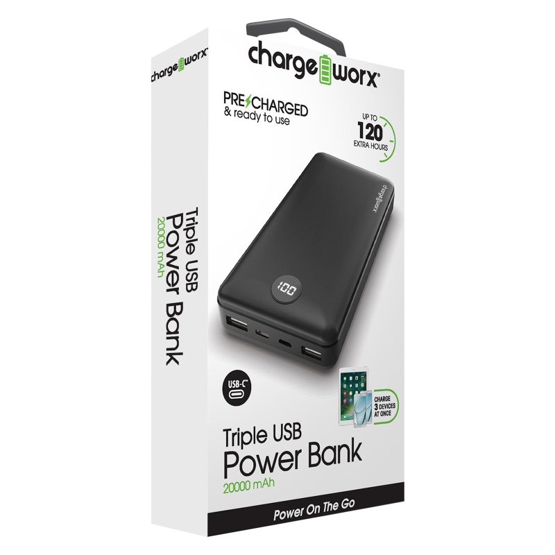 Chargeworx Triple USB Power Bank 20000mAh Black