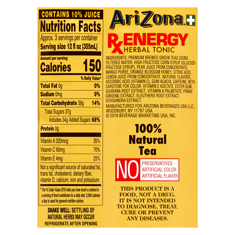 AriZona Rx Energy Tea 34oz Btl