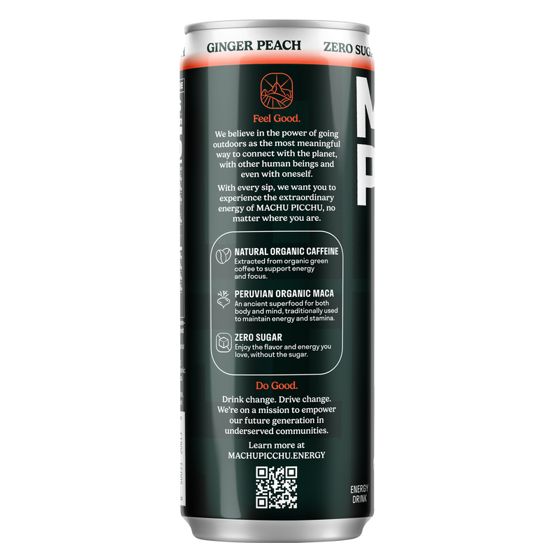 Machu Picchu Ginger Peach Energy Drink Zero Sugar 12oz