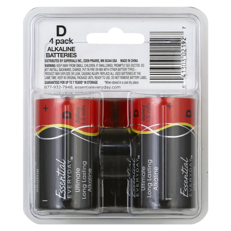 Essential Everyday D Alkaline Batteries 4ct