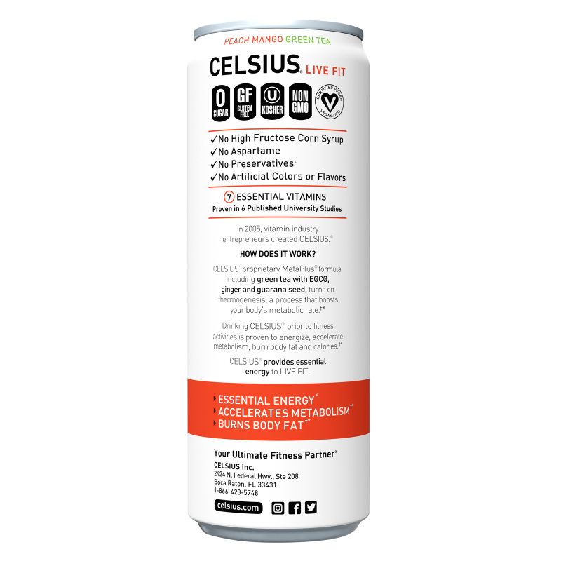 CELSIUS Peach Mango Green Tea, Essential Energy Drink 12oz Can