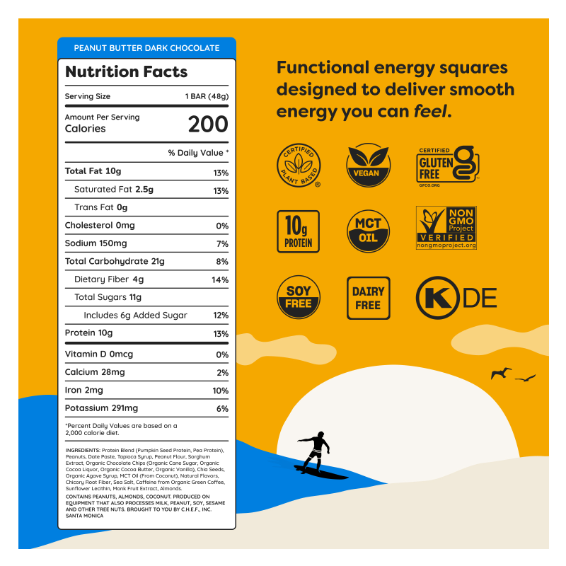 Quantum Energy Square Peanut Butter Dark Chocolate Bar 1.69oz