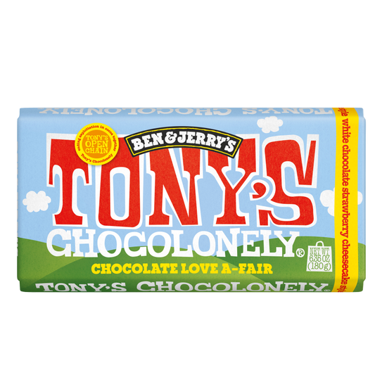 Tony's Chocolonely and Love A-Fair White Chocolate Strawberry Cheesecake Bar 6.35oz