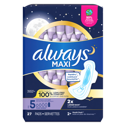 Always Maxi Overnight Pads with Wings Size 5 Extra Heavy Overnight Unscented 27ct