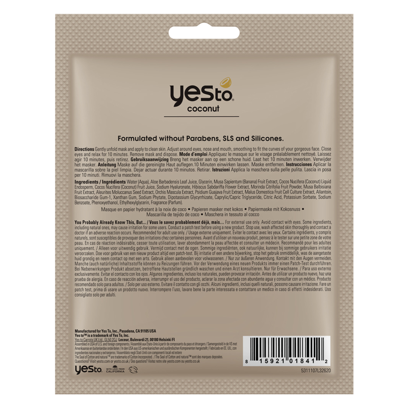 Yes To Coconut Hydrating Paper Mask 1ct