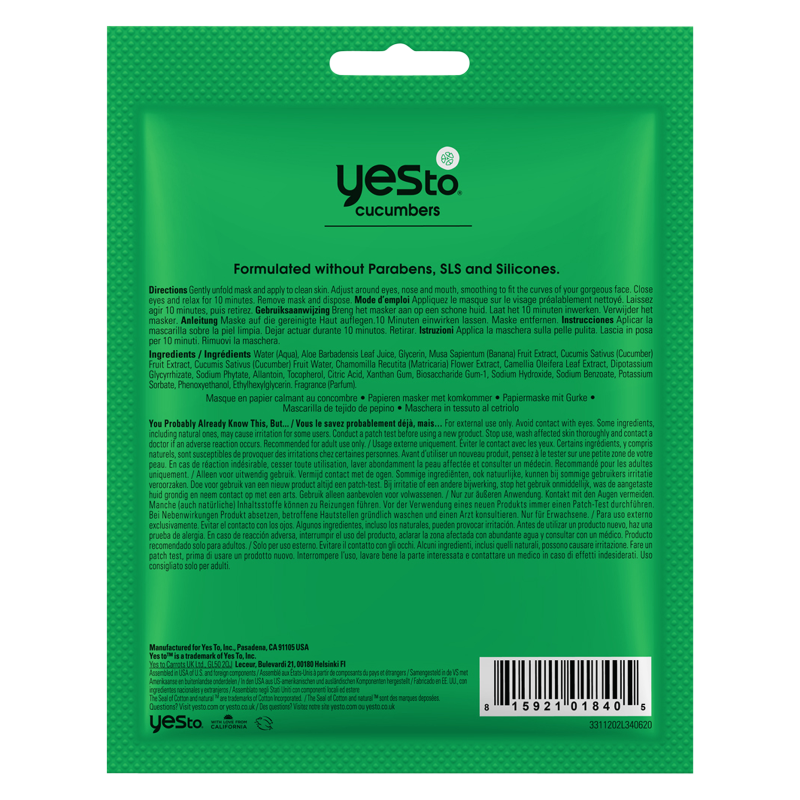 Yes To Cucumbers Calming Paper Mask 1ct