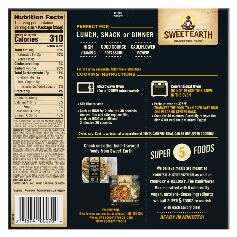 Sweet Earth Frozen Vegan Cauliflower Mac & Cheese Meal 9oz