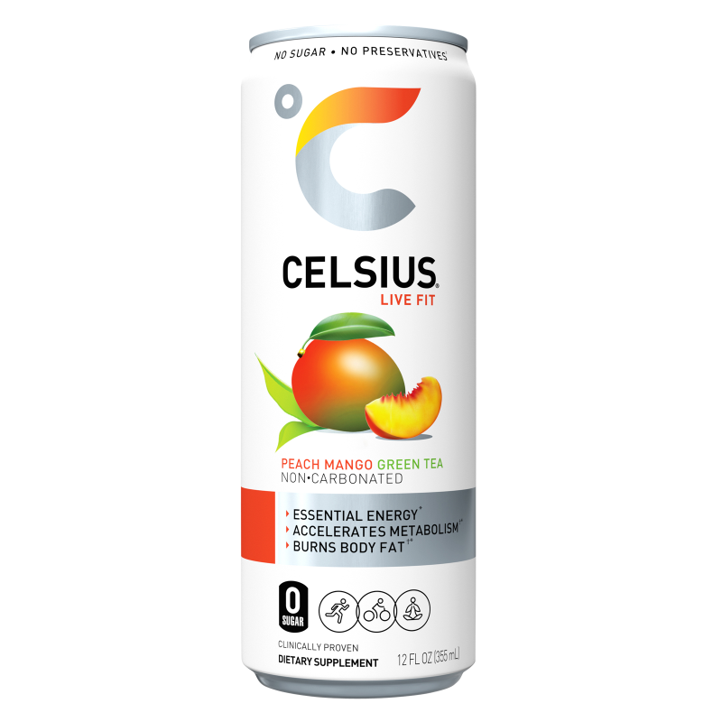 CELSIUS Peach Mango Green Tea, Essential Energy Drink 12oz Can