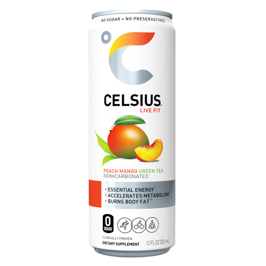 CELSIUS Peach Mango Green Tea, Essential Energy Drink 12oz Can