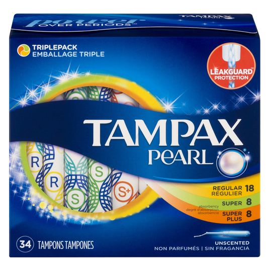 Tampax Pearl Triple Pack Plastic Tampons Regular/Super/Super Plus Unscented 34ct